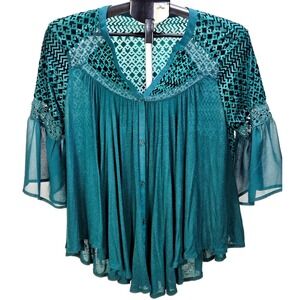 Women's Meadow Rue Size M Teal Velvet Burnout Lace Trim Bell Sleeve Top Witchy